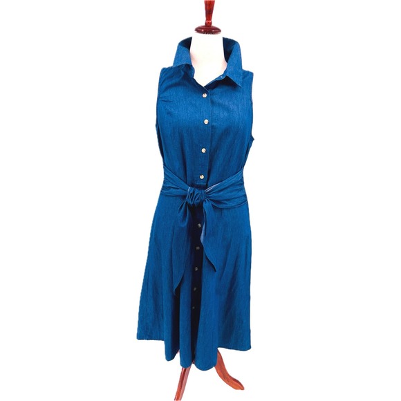 R&K Dresses & Skirts - R & K Denim Look Sleeveless Dress Womens 14 Blue Self Tie Button Down Collared